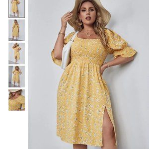 SHEIN Plus Yellow Floral Shirred Bodice Flounce Sleeve Split Thigh Dress
